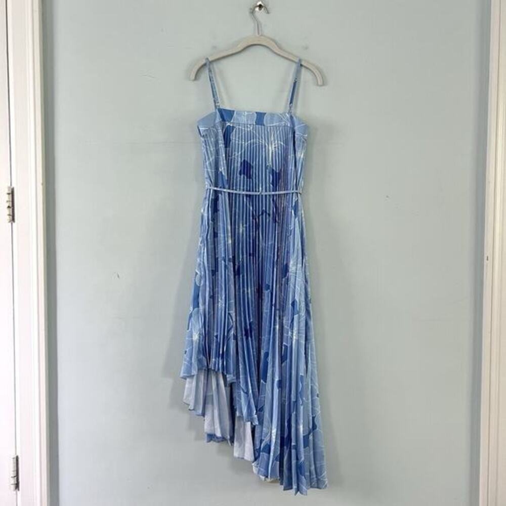 Milly Irene Waterlily Print Pale Blue Pleated Asymmetric Midi Dress - Picture 4 of 7